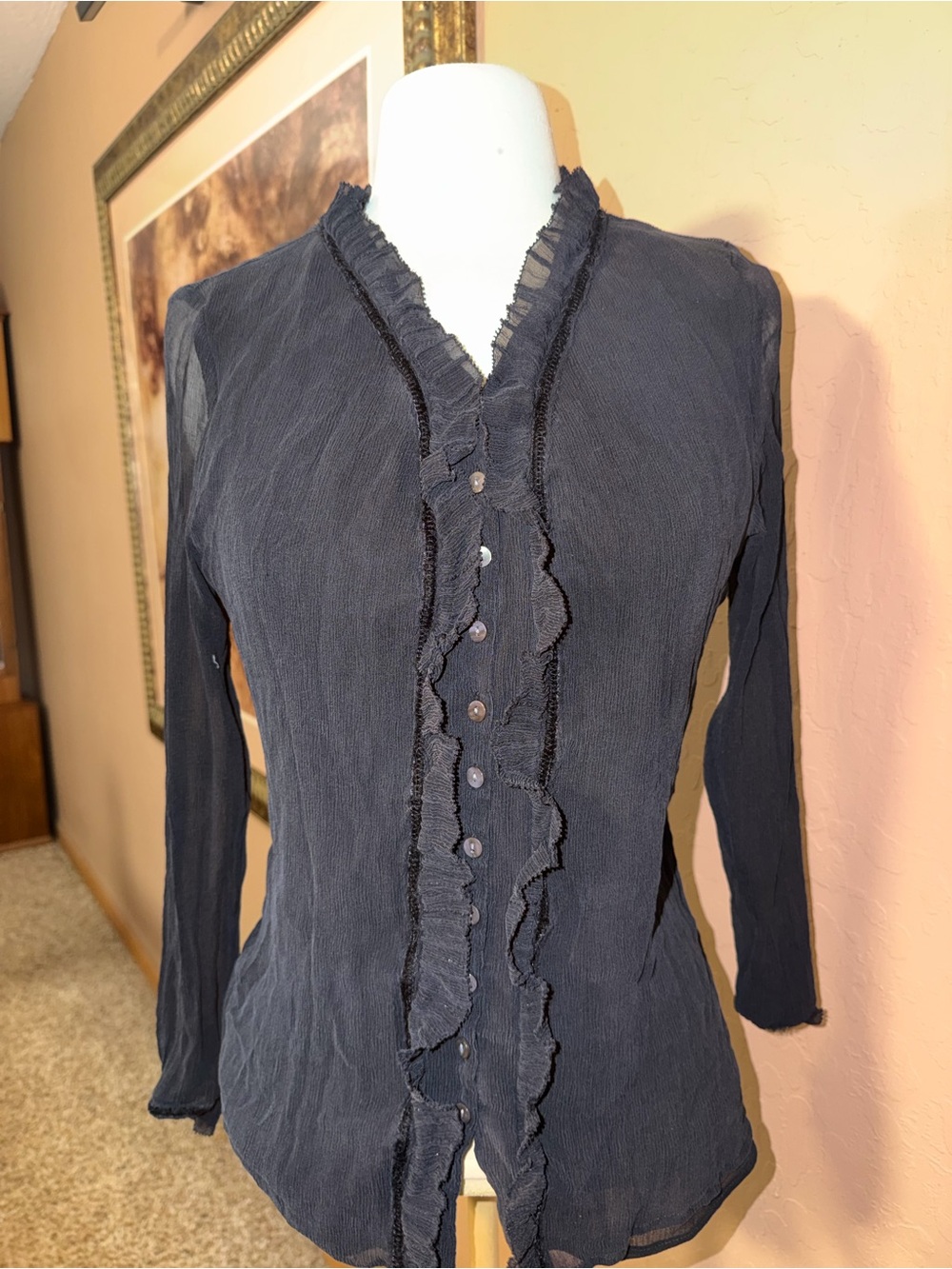 Laura Ashley Black Ruffled Button-Front Women's Top 100% Silk size 10